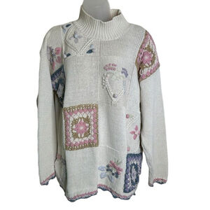 Vtg‎ Sweater Medium Crochet Granny Squares Floral Hearts Grandmacore Cottagecore